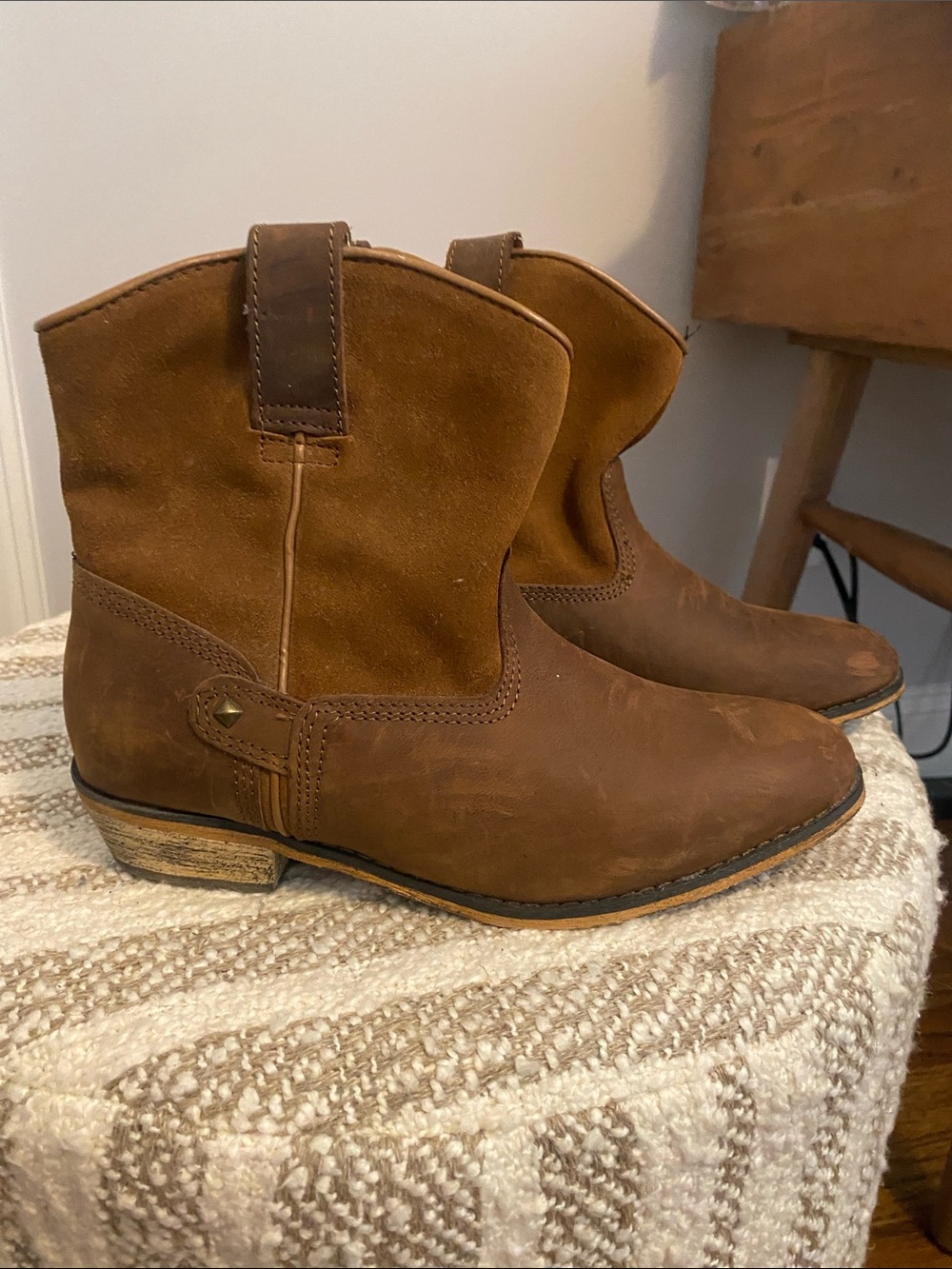 Women’s Brown Western Ankle Boots - Suede & Leather